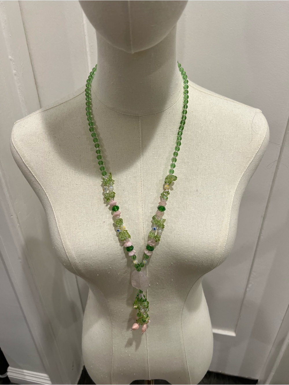 Handmade Green Crystal Bead Necklace with Pink Accents